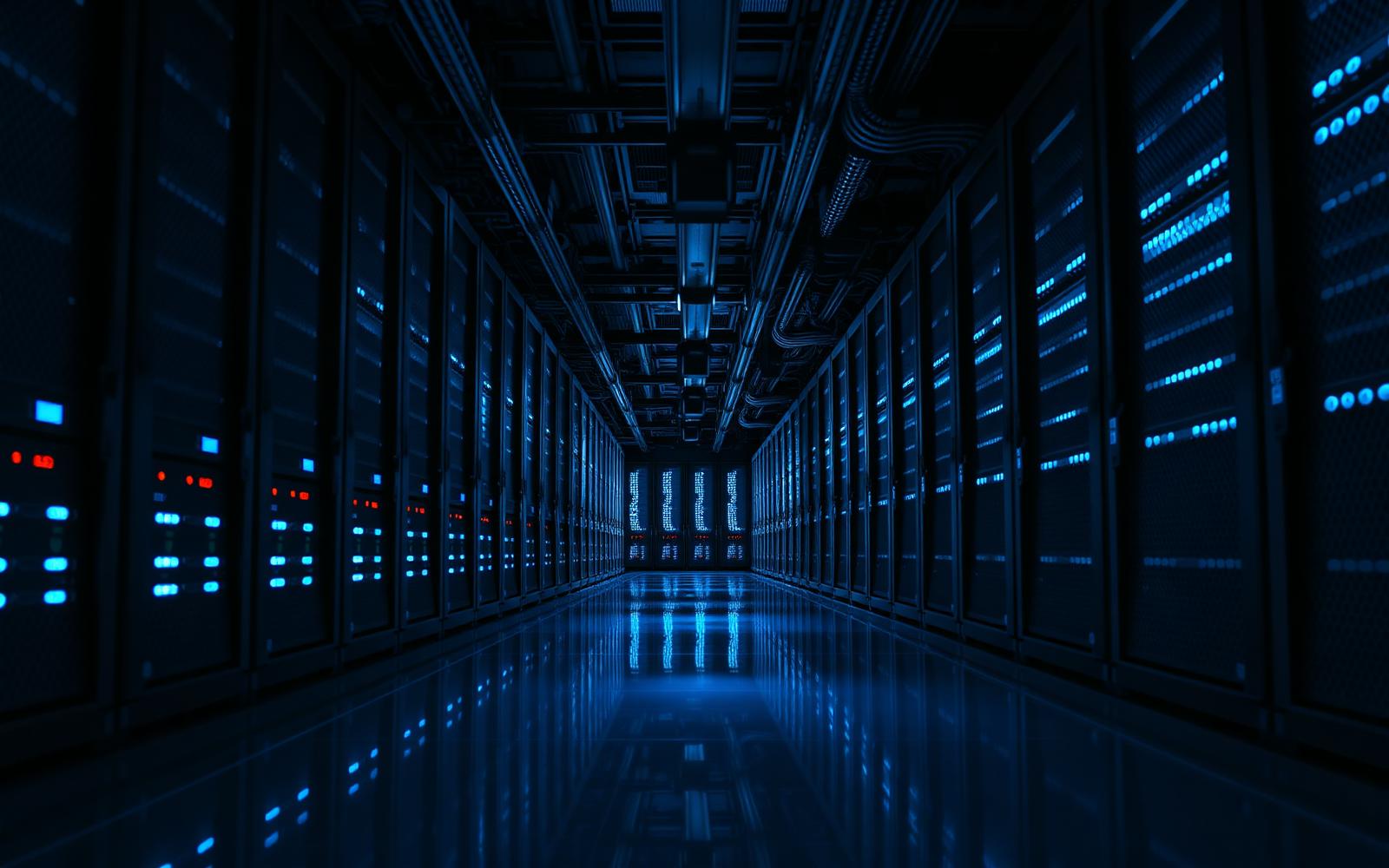 Cold-aisle view — consolidated 14 x86 racks into two Power clusters